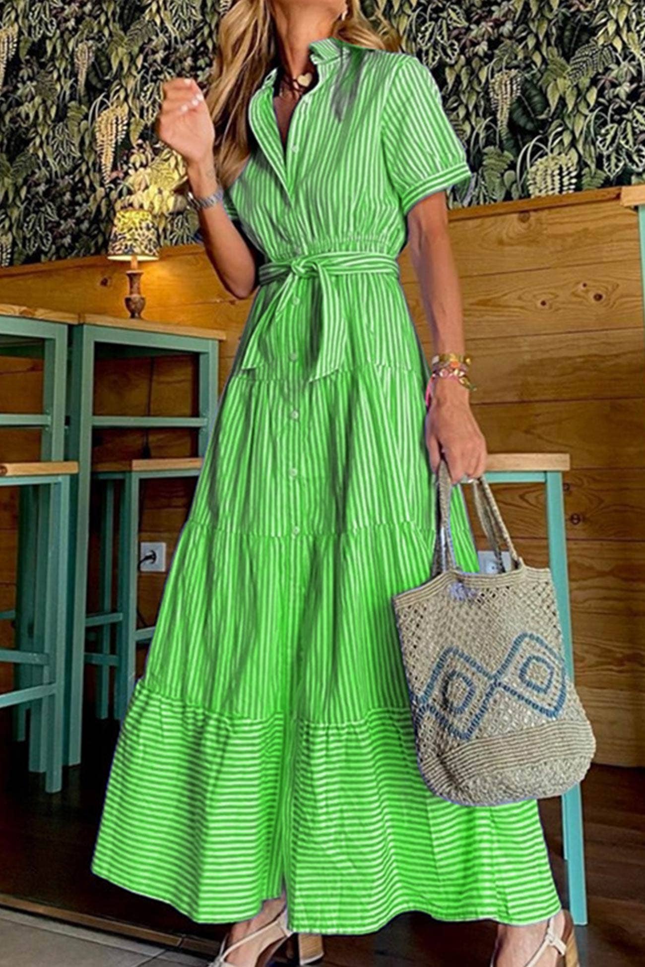 Striped Tie-waist Tiered Shirt Dress
