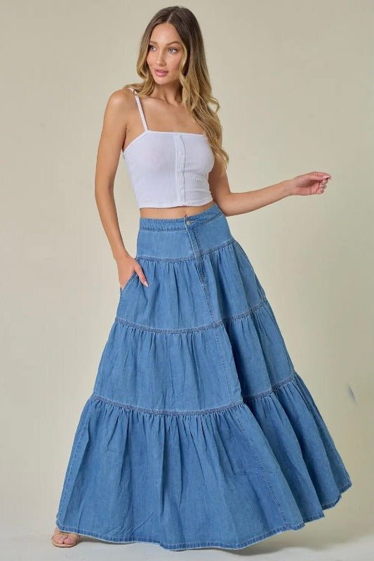 Boho Denim Maxi Skirt