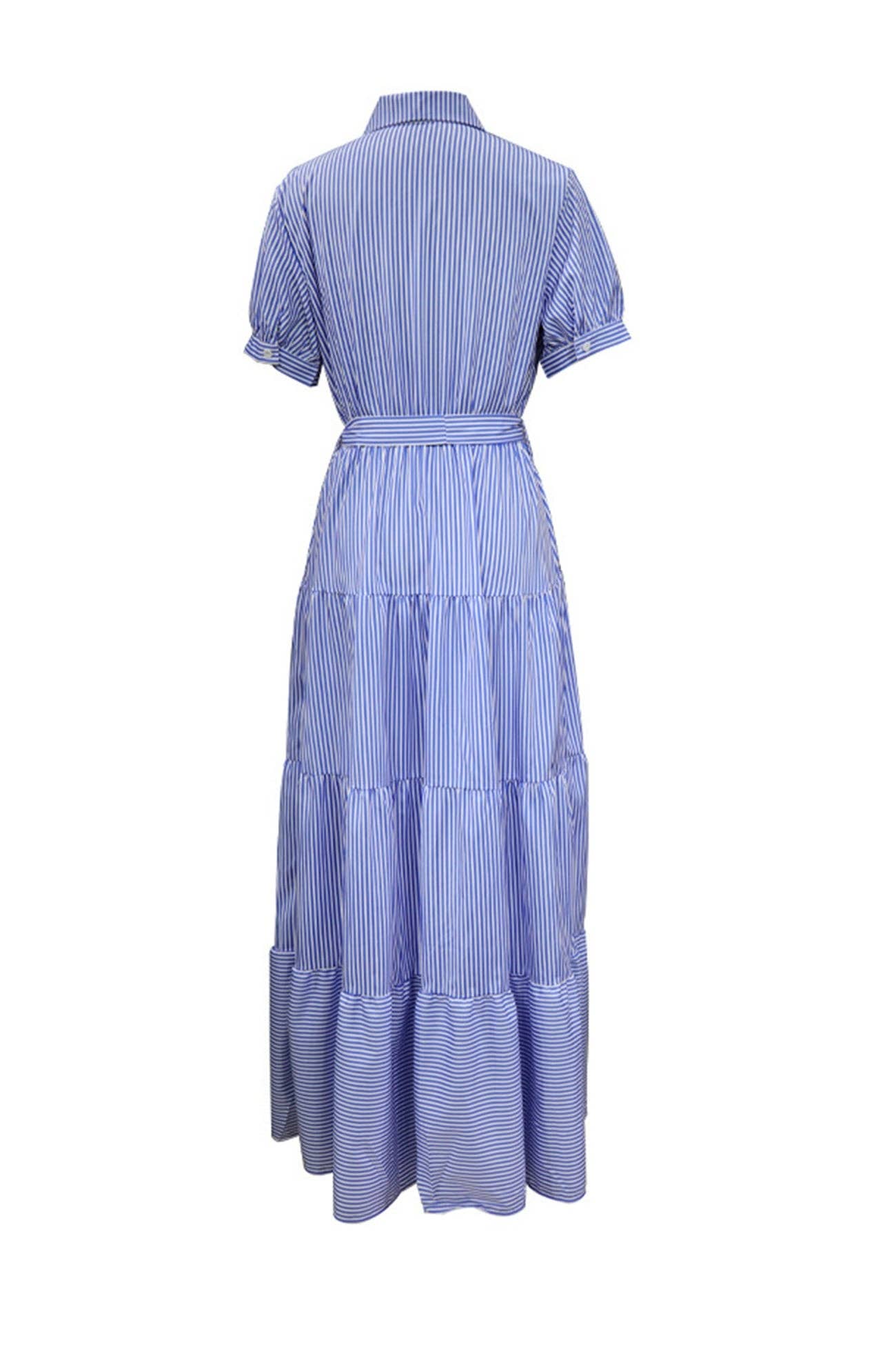 Striped Tie-waist Tiered Shirt Dress