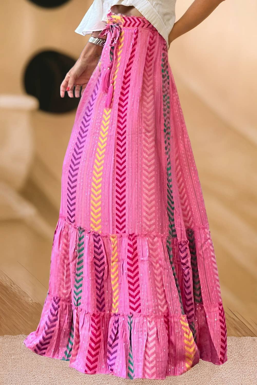 Women Boho Geometric Print Tiered Ruffled Long Skirt | S-XL