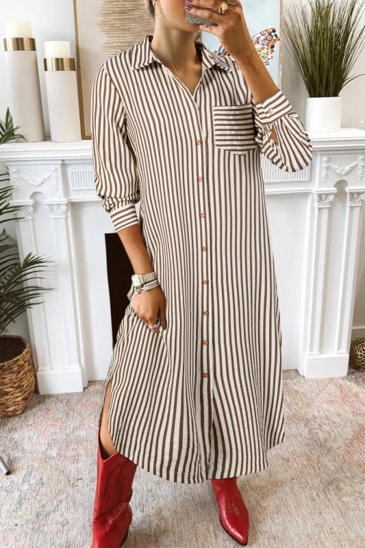 Stripe Textured 3/4 Sleeve Split Hem Midi Dress  La Femme Chic Boutique