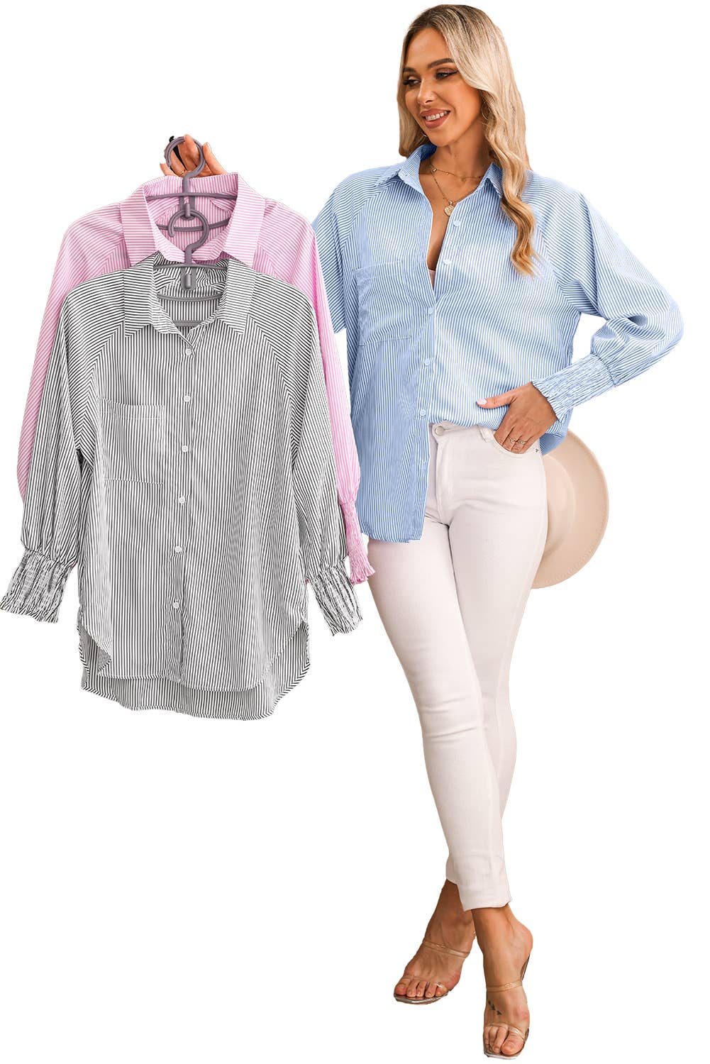 Smocked Cuffed Striped Boyfriend Shirt with Pocket