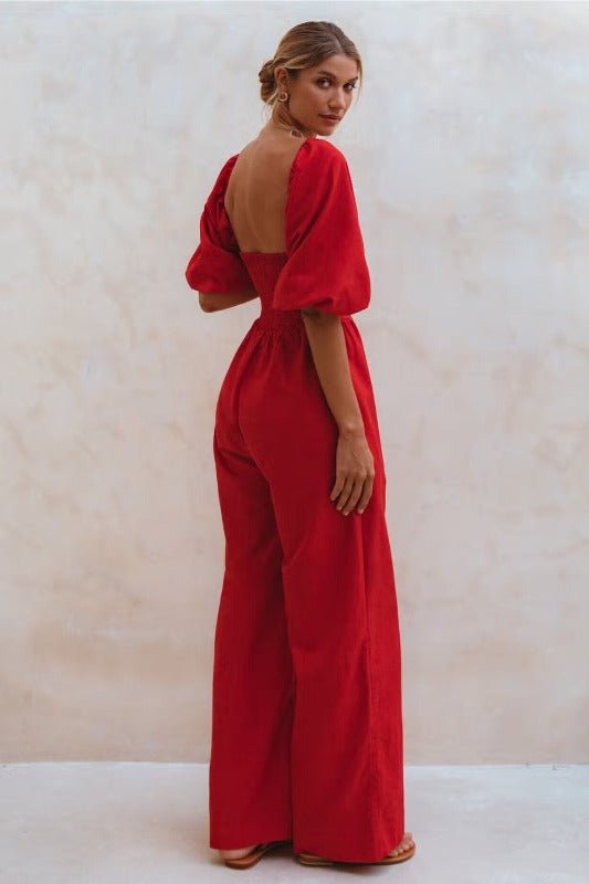 Elf Red Wide Leg Linen Jumpsuit - La Femme Chic BoutiqueElf Red Wide Leg Linen Jumpsuit