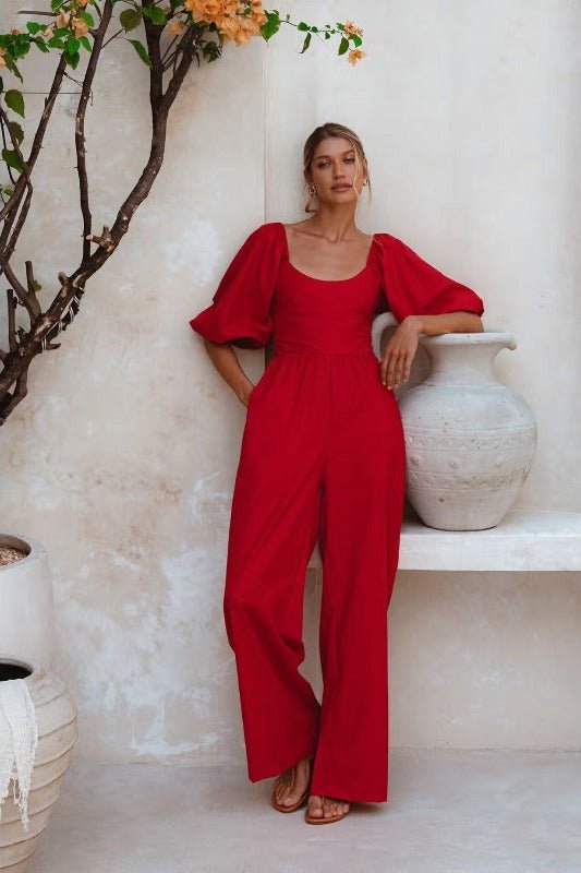 Elf Red Wide Leg Linen Jumpsuit - La Femme Chic BoutiqueElf Red Wide Leg Linen Jumpsuit