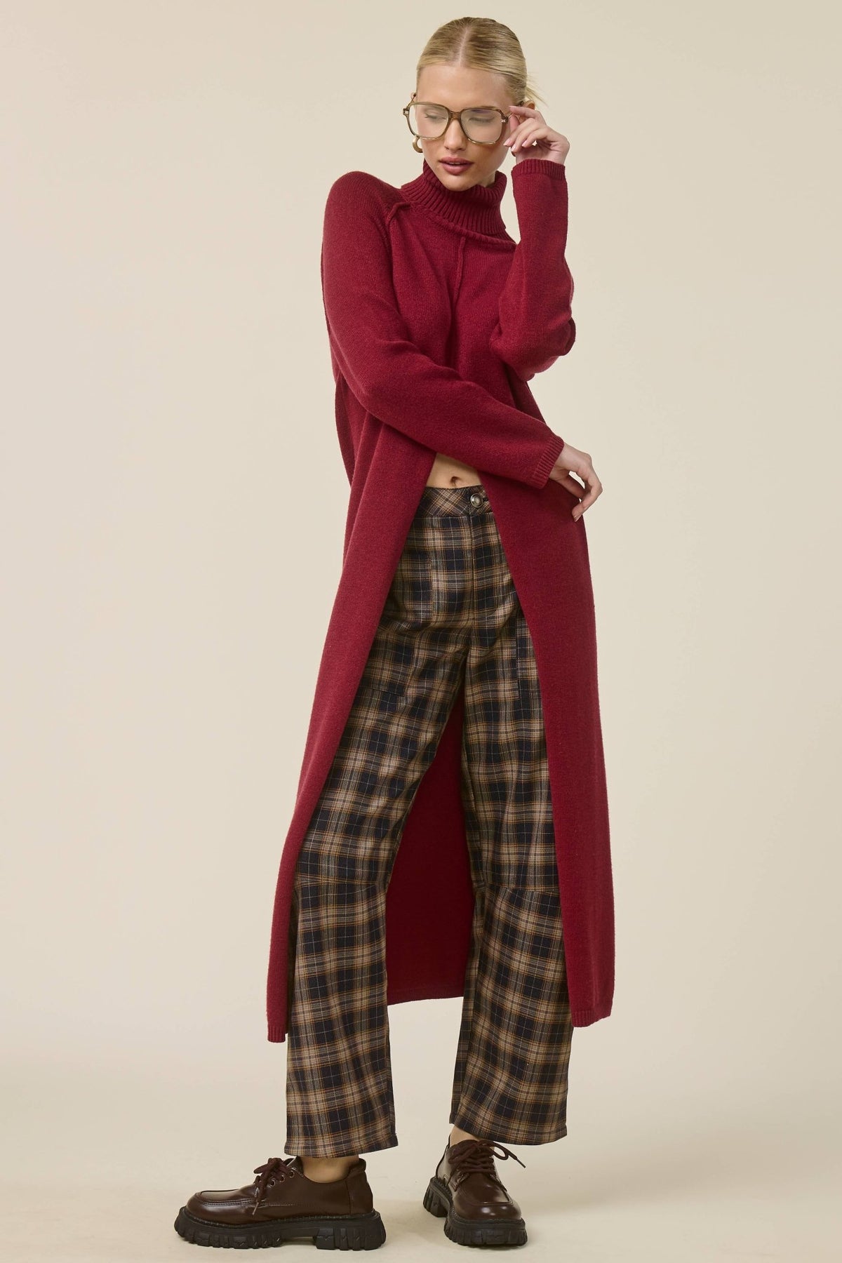 Ribbed Turtleneck Tunic Sweater Dress with Slit