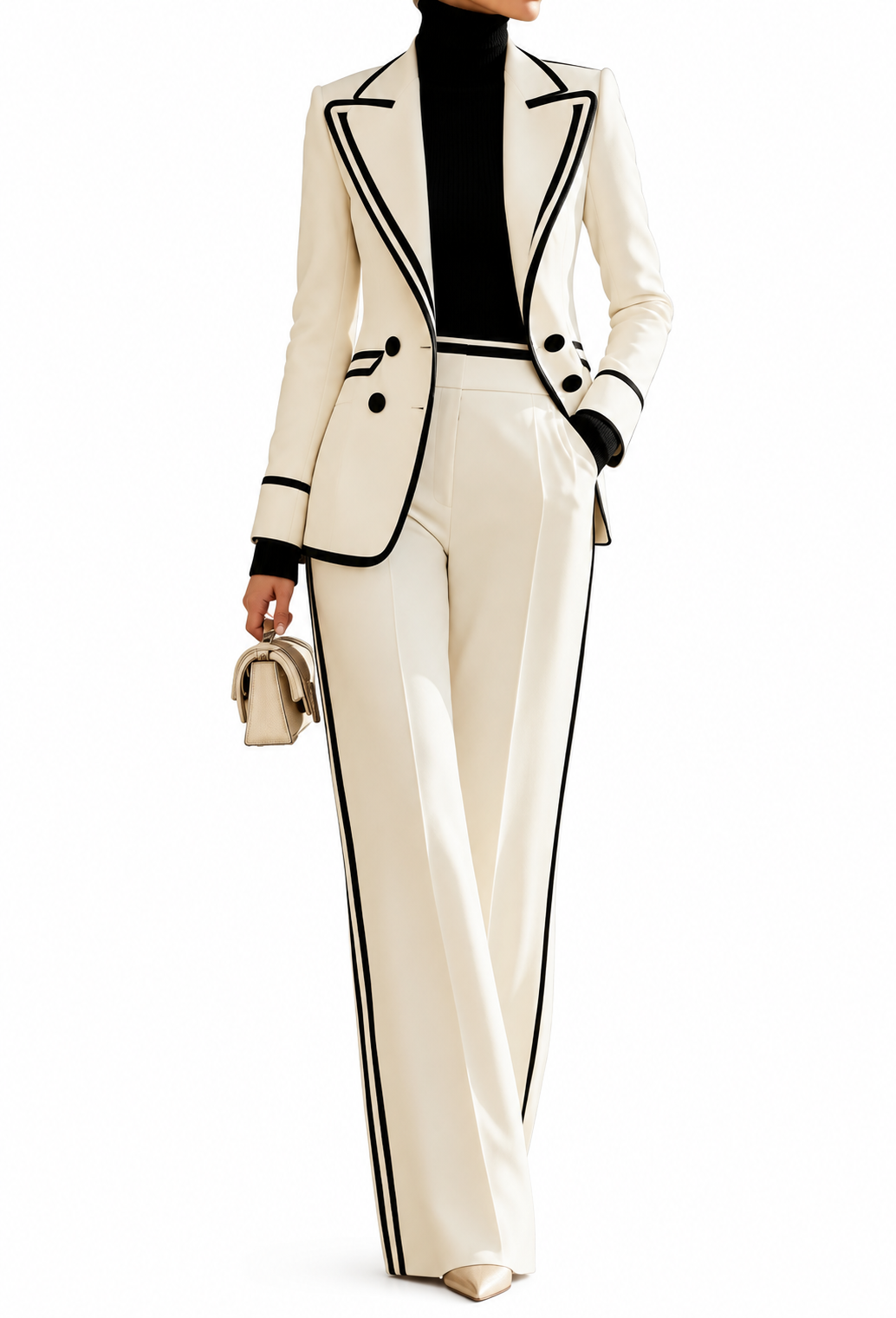 Ivory Contrast Trim Suit Set