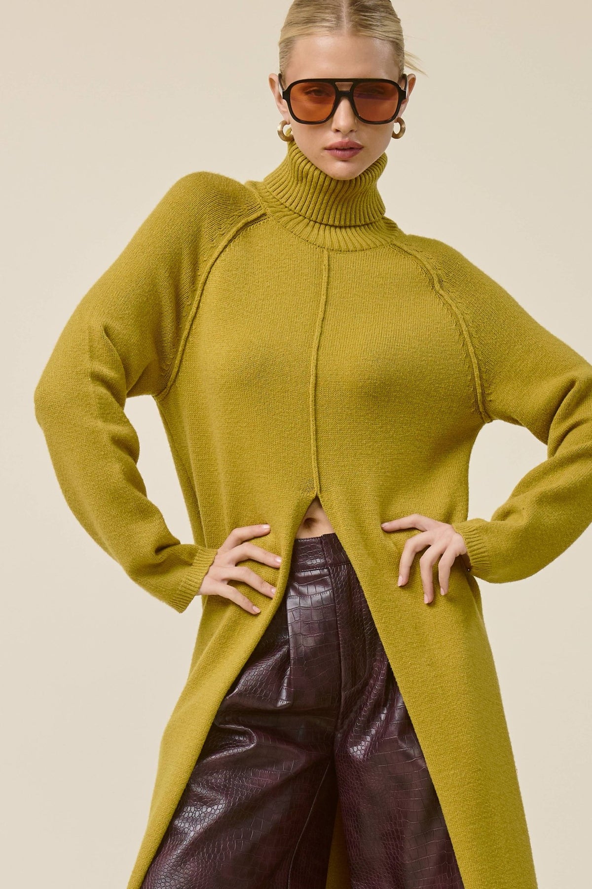 Ribbed Turtleneck Tunic Sweater Dress with Slit