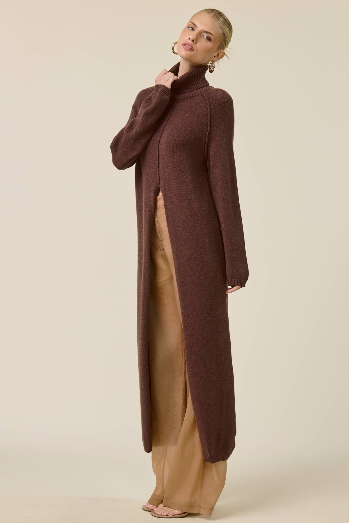 Ribbed Turtleneck Tunic Sweater Dress with Slit