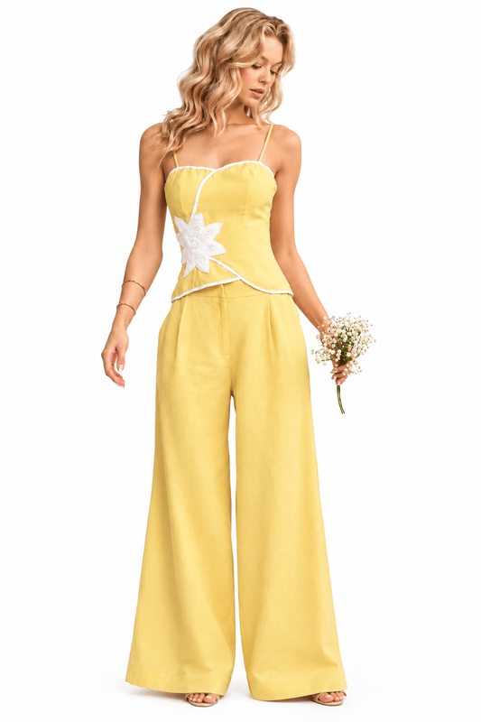 Linen Blend Lace Detail Tank Top & Lace Pants Set