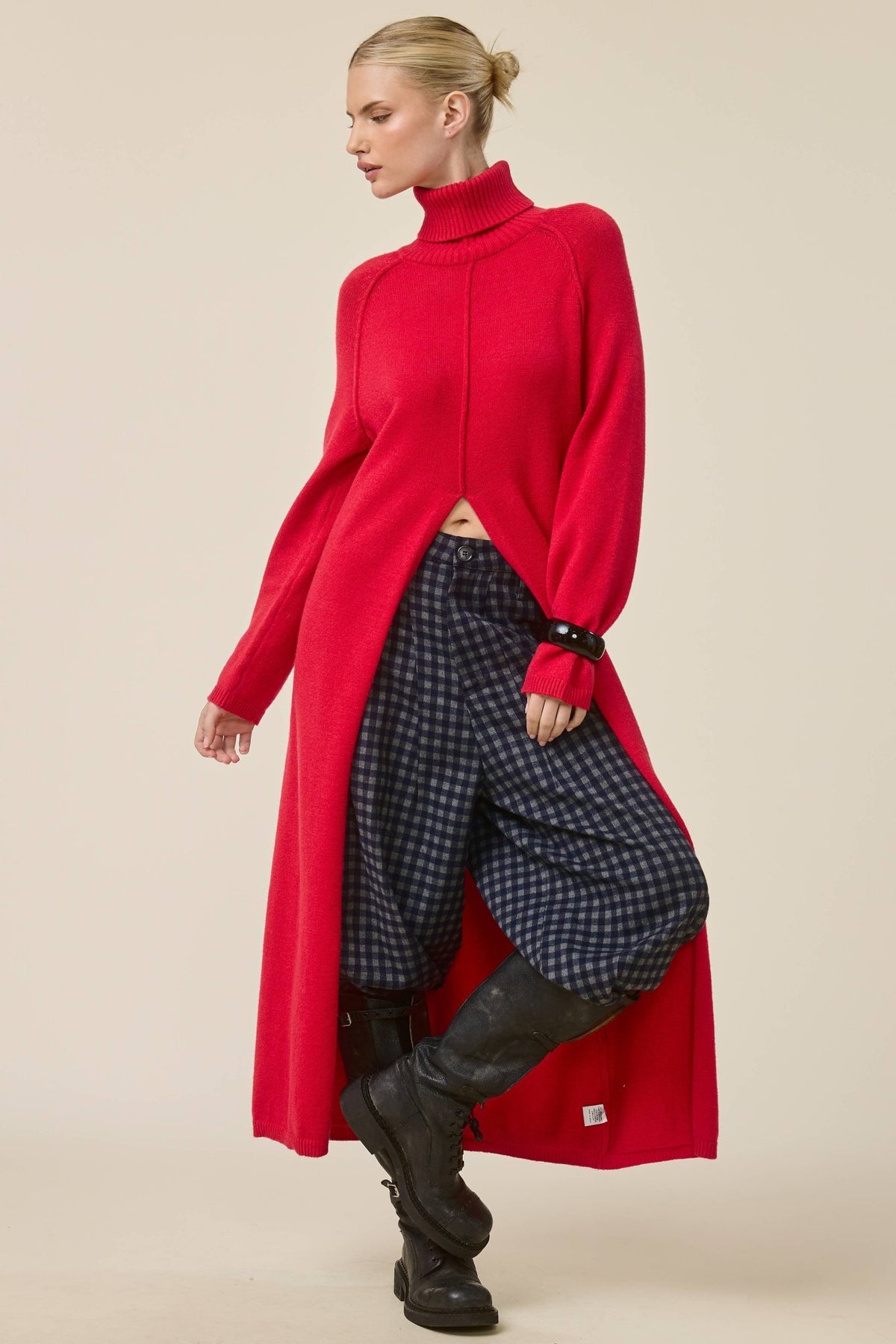 Ribbed Turtleneck Tunic Sweater Dress with Slit