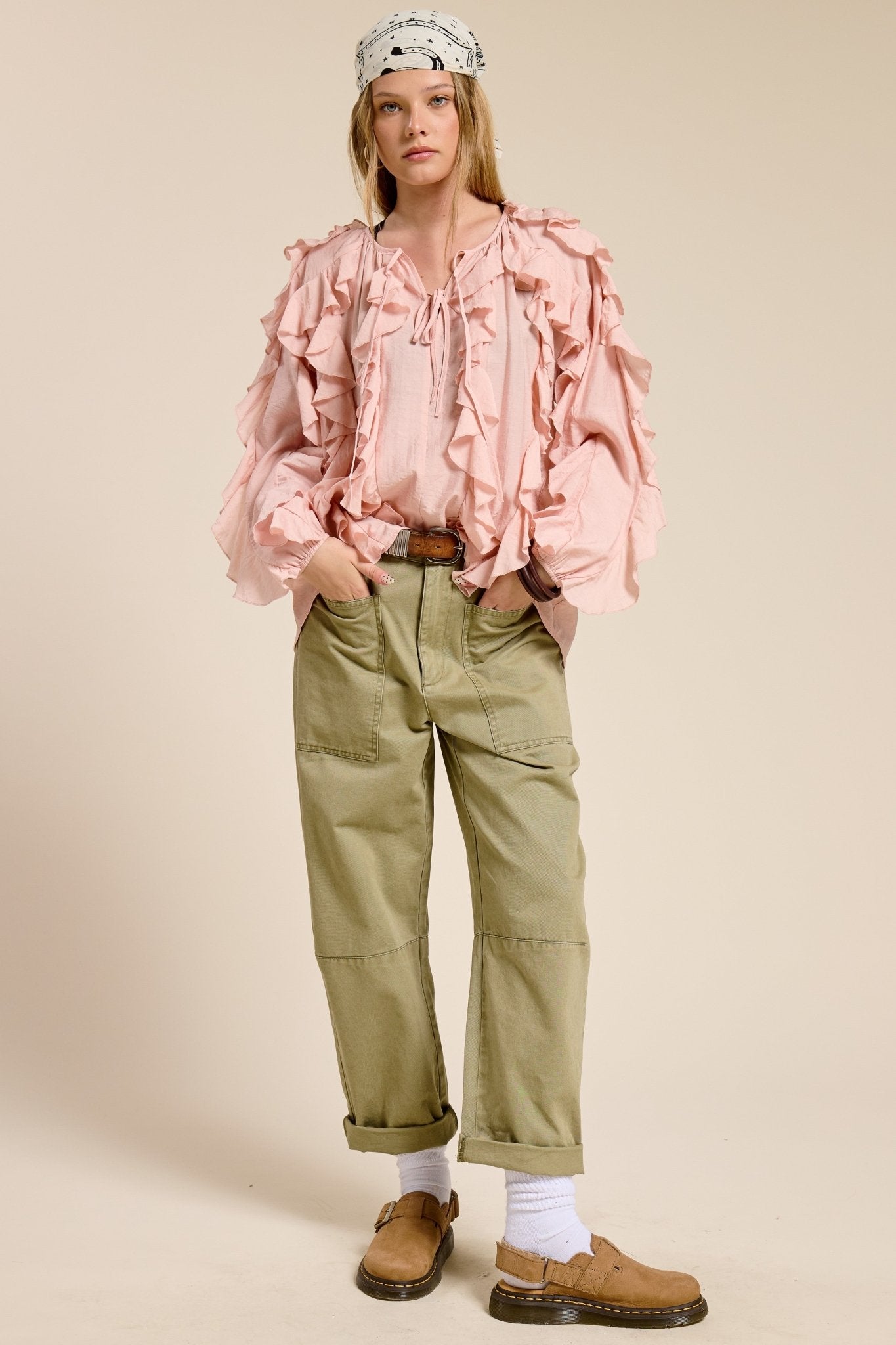 Ruffled Long-sleeve Boho Blouse With Tie Front
