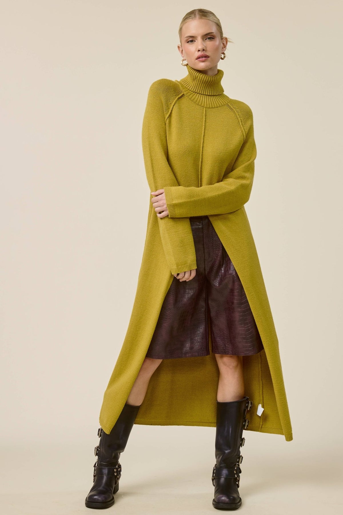 Ribbed Turtleneck Tunic Sweater Dress with Slit