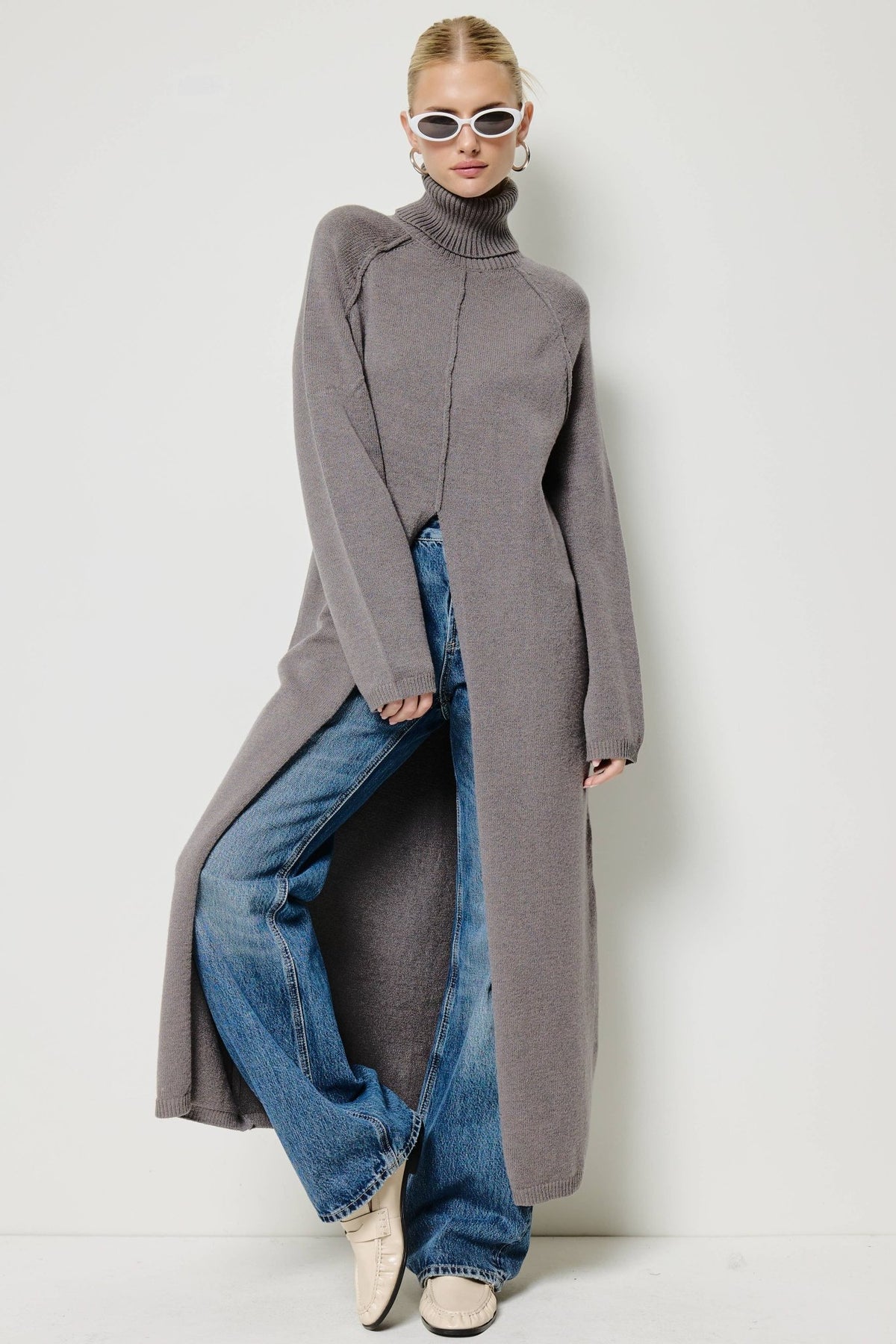 Ribbed Turtleneck Tunic Sweater Dress with Slit