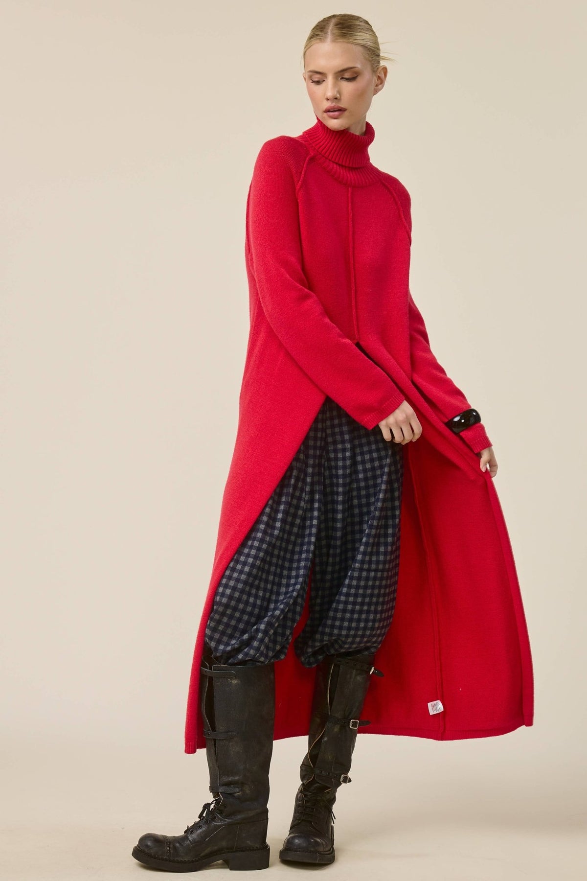 Ribbed Turtleneck Tunic Sweater Dress with Slit