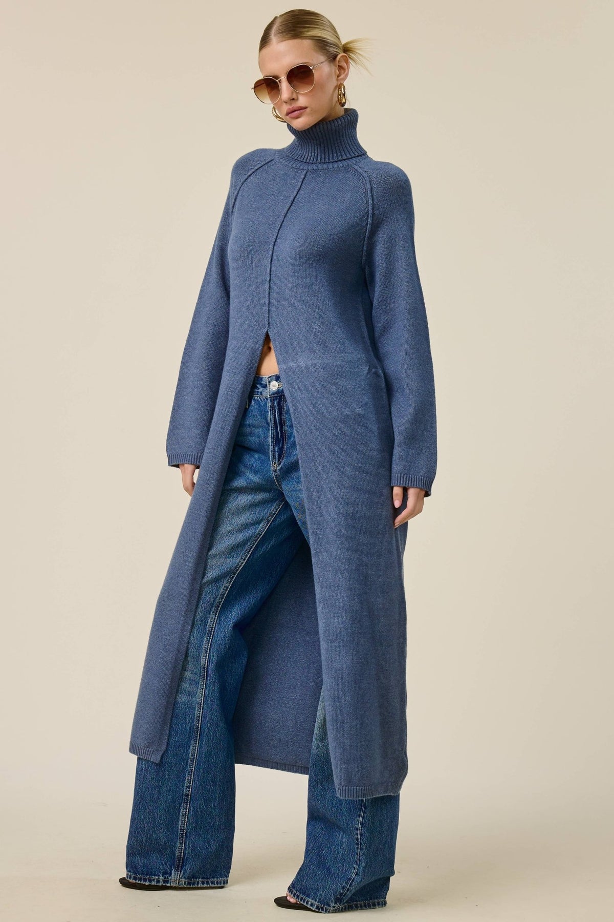 Ribbed Turtleneck Tunic Sweater Dress with Slit
