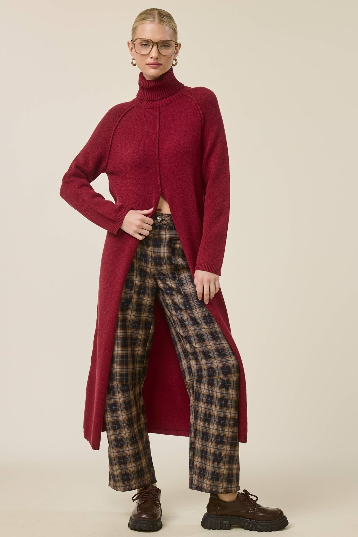 Ribbed Turtleneck Tunic Sweater Dress with Slit