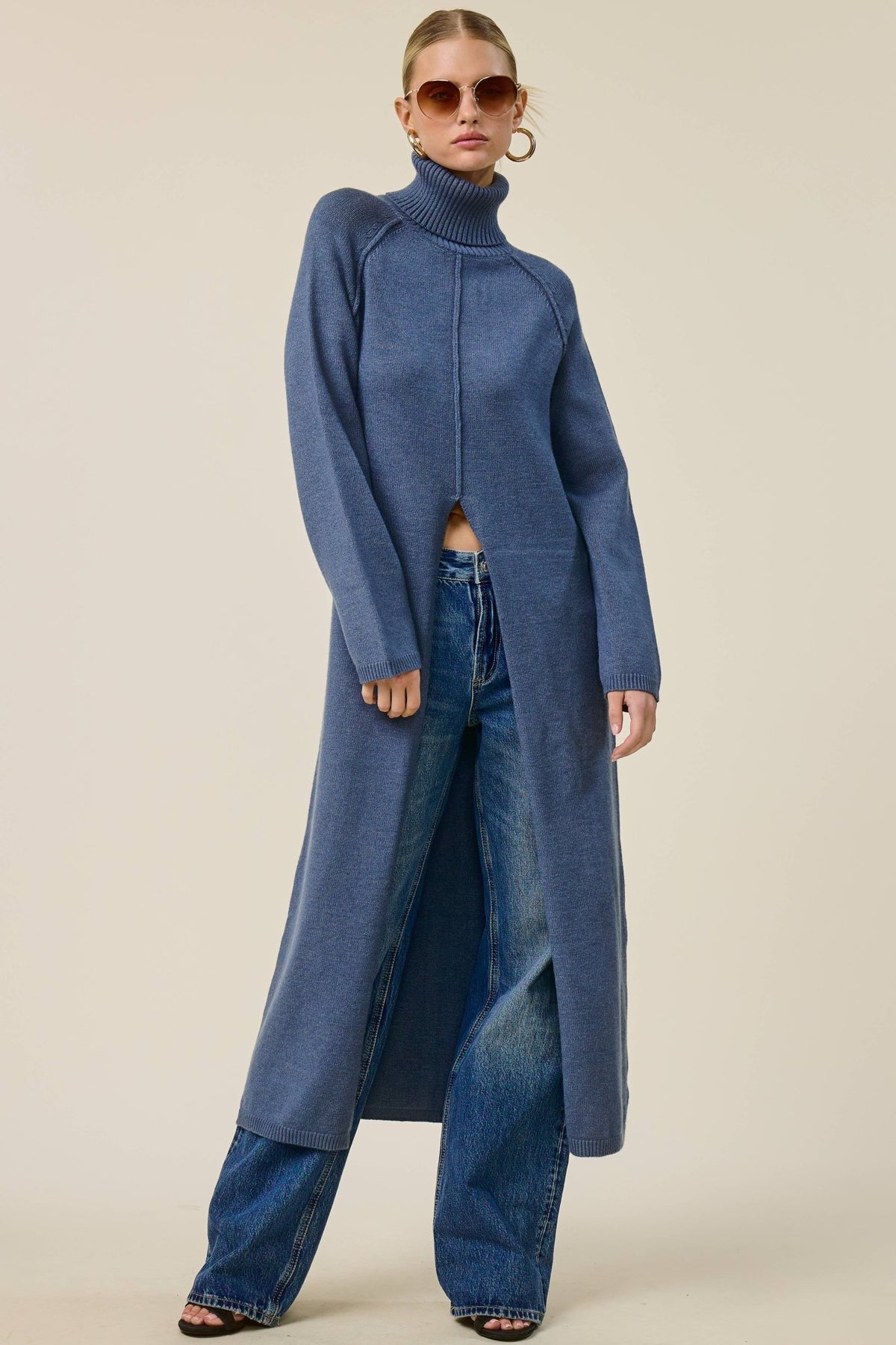 Ribbed Turtleneck Tunic Sweater Dress with Slit