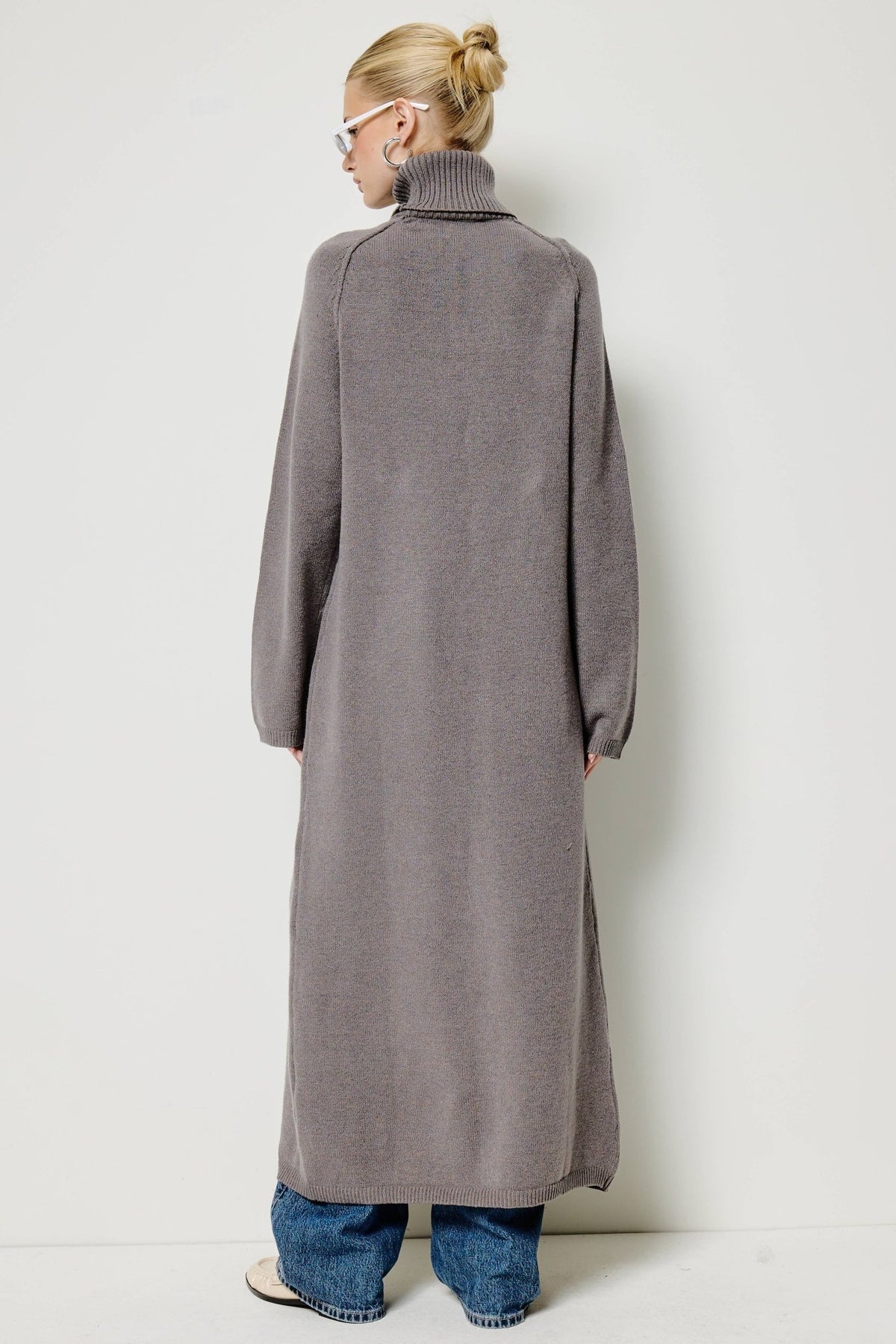 Ribbed Turtleneck Tunic Sweater Dress with Slit