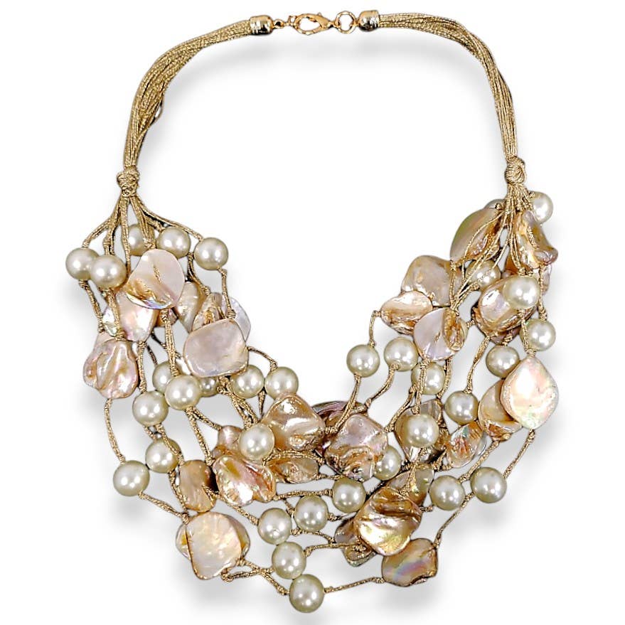 Chunky Coastal Pearl & Shell Multistrand Statement Necklace