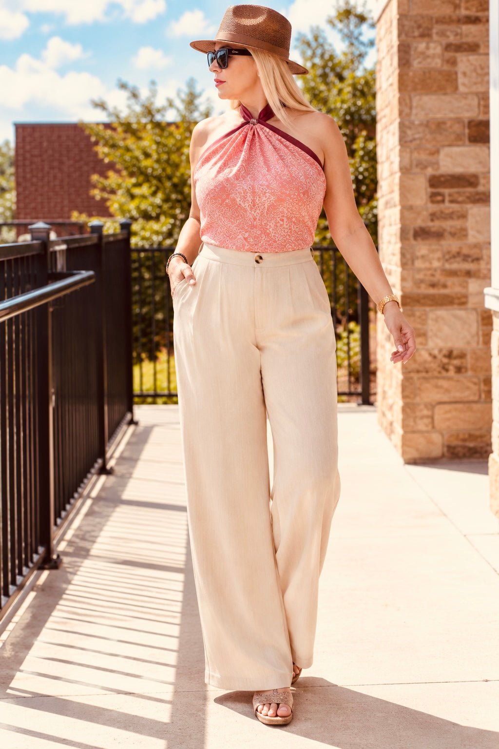 Rayon Slub Wide Leg Pleated Pants Elastic Waist