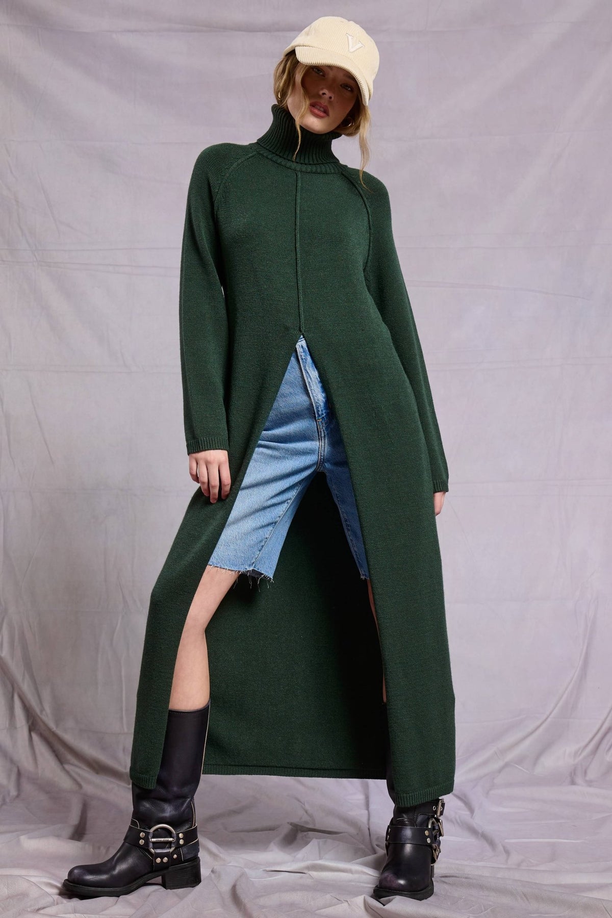 Ribbed Turtleneck Tunic Sweater Dress with Slit