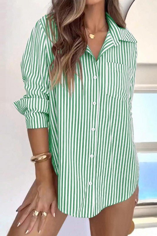 Green Striped Button Shirt Boutique Summer Top