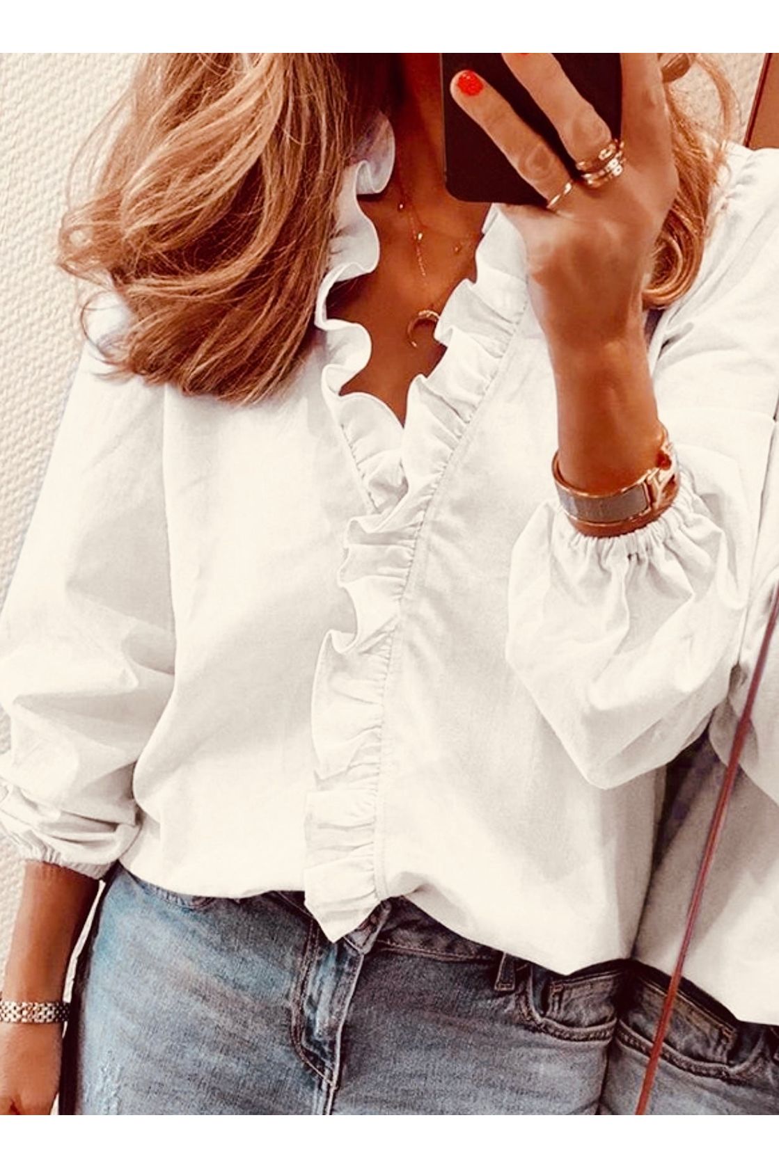 Puff Sleeves Falbala Solid Color V-Neck Blouses