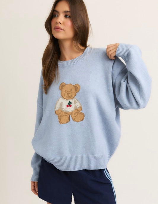 Long Sleeve Crew Neck Sweater With Teddy Bear