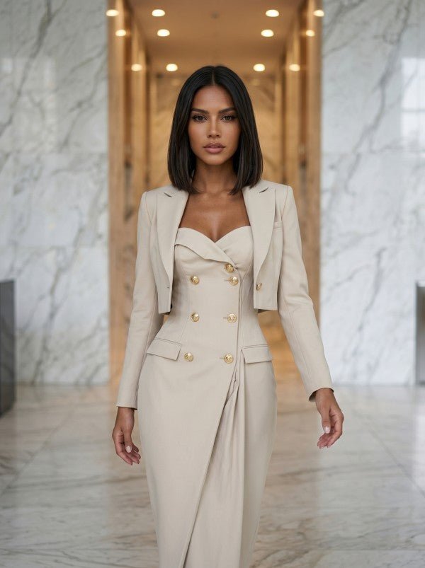 Champagne Double Breasted Bustier Blazer Dress