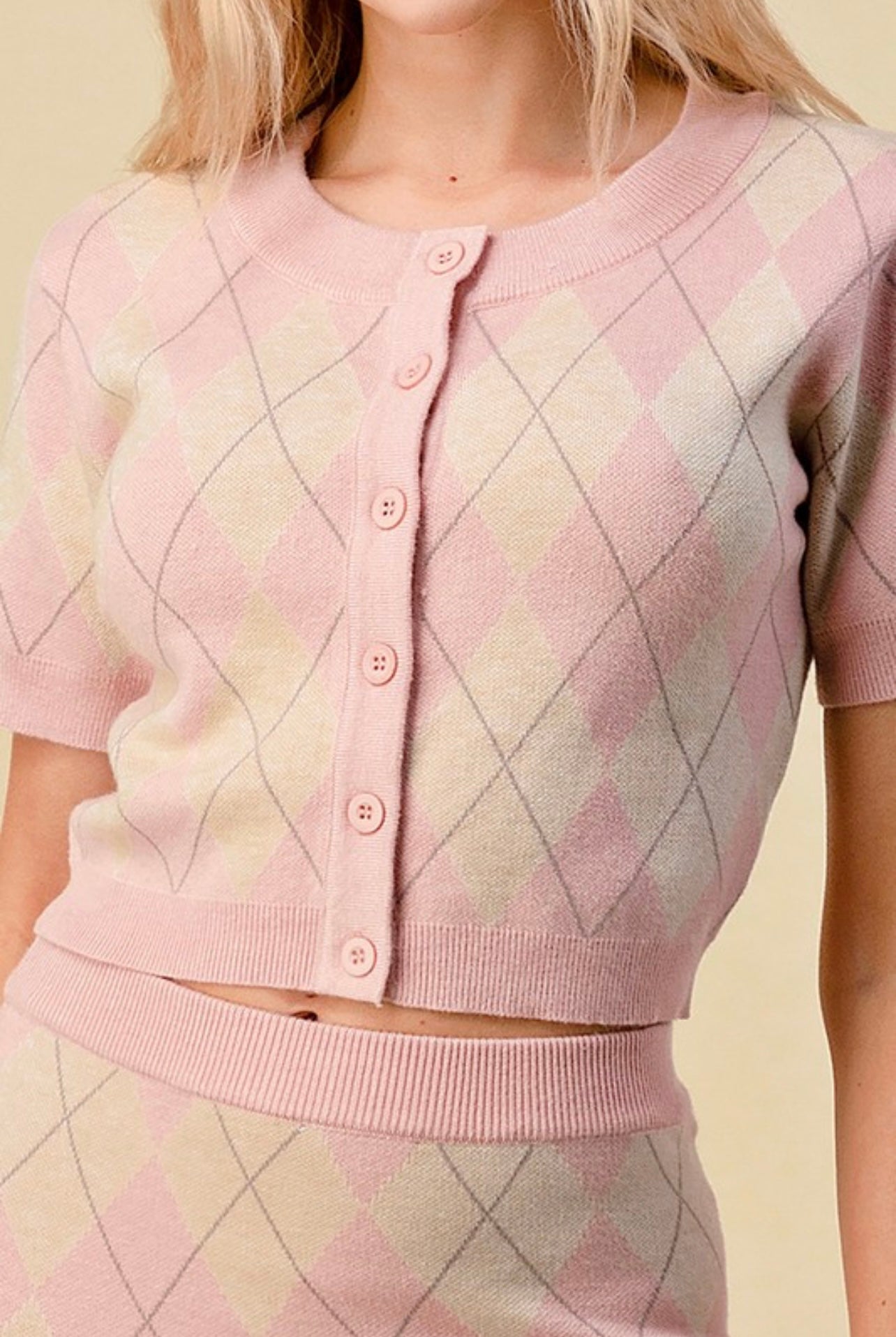 Trendy Argyle Pattern Button Up Top And Skirt Set