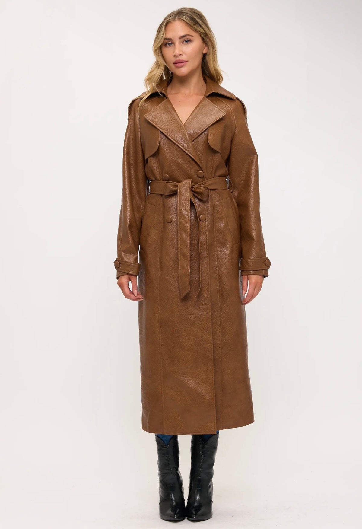 Women's Faux Leather Belted Trench Coat