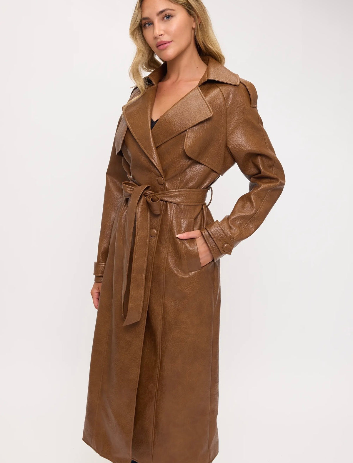 Women's Faux Leather Belted Trench Coat