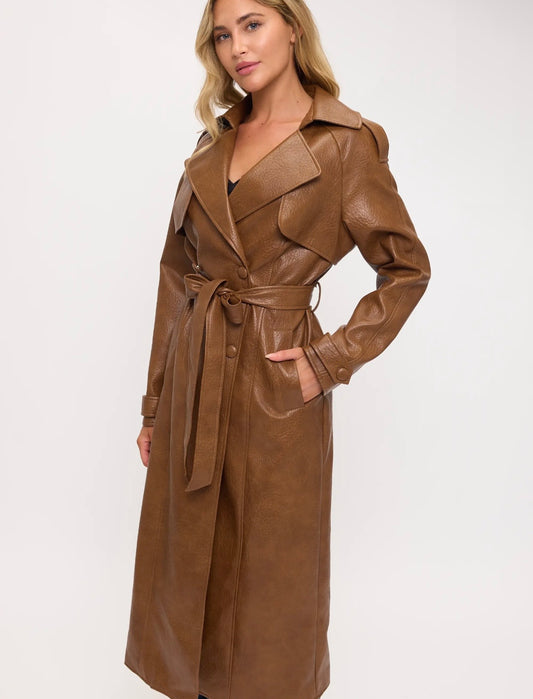 Women's Faux Leather Belted Trench Coat