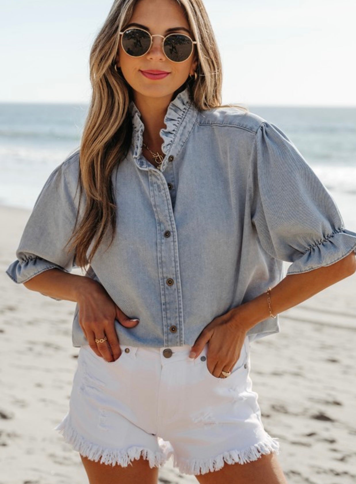 Ruffled Short Puff Sleeve Summer Chambray Shirt