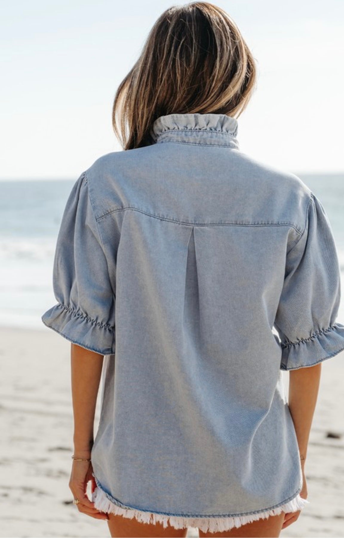 Ruffled Short Puff Sleeve Summer Chambray Shirt