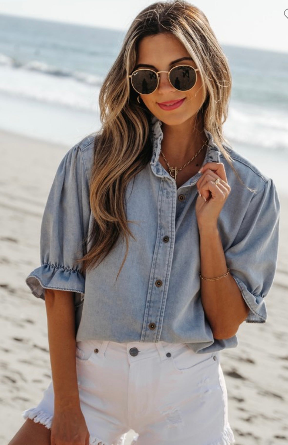 Ruffled Short Puff Sleeve Summer Chambray Shirt