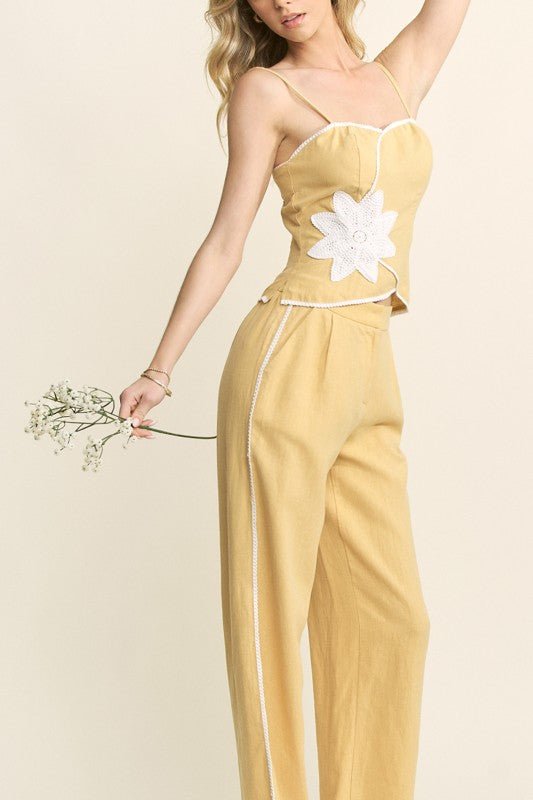 Linen Blend Lace Detail Tank Top & Lace Pants Set