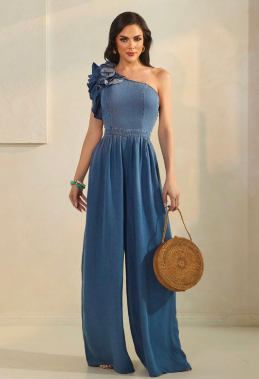 Washed Denim One Shoulder With Corsage