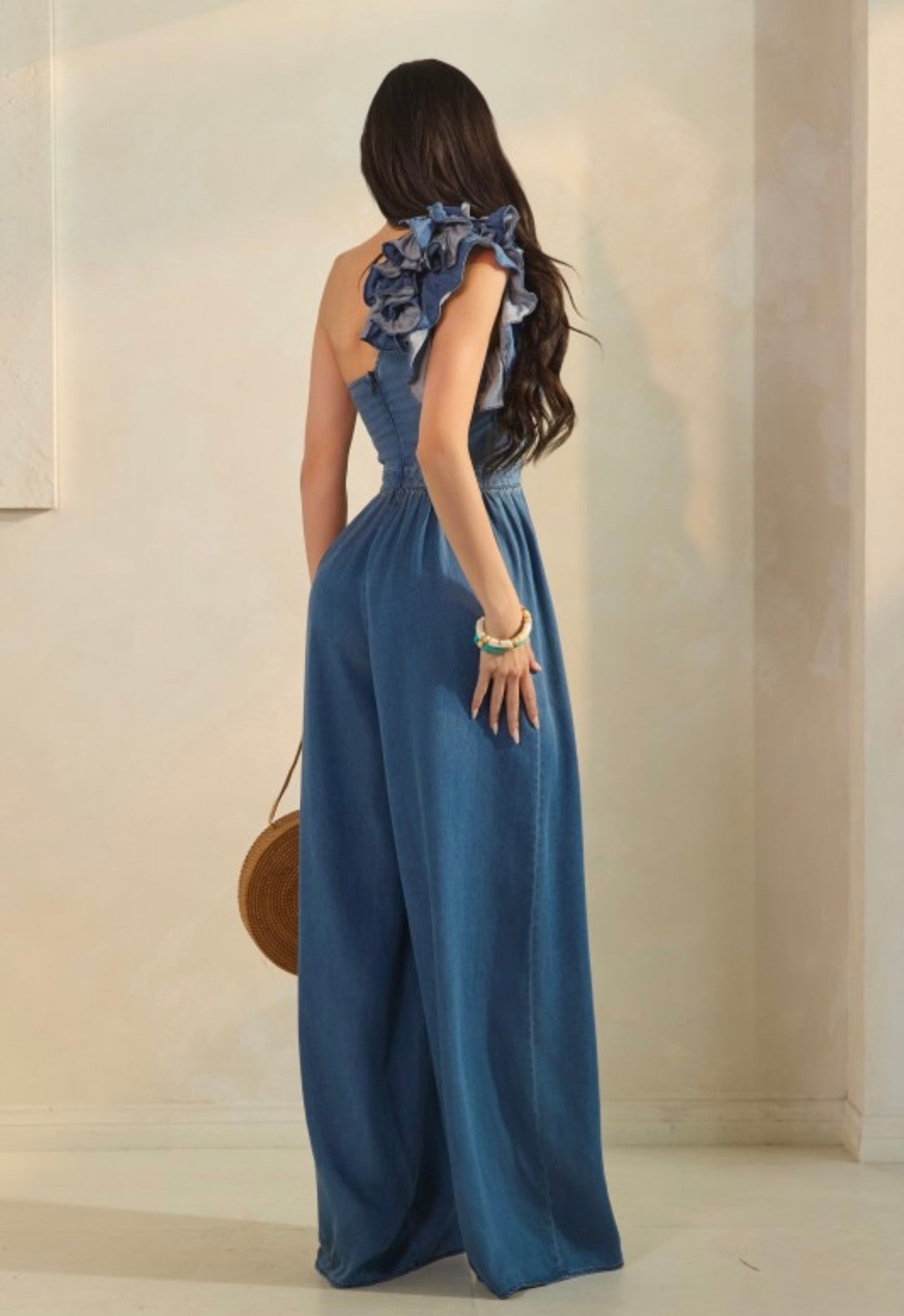 Washed Denim One Shoulder With Corsage