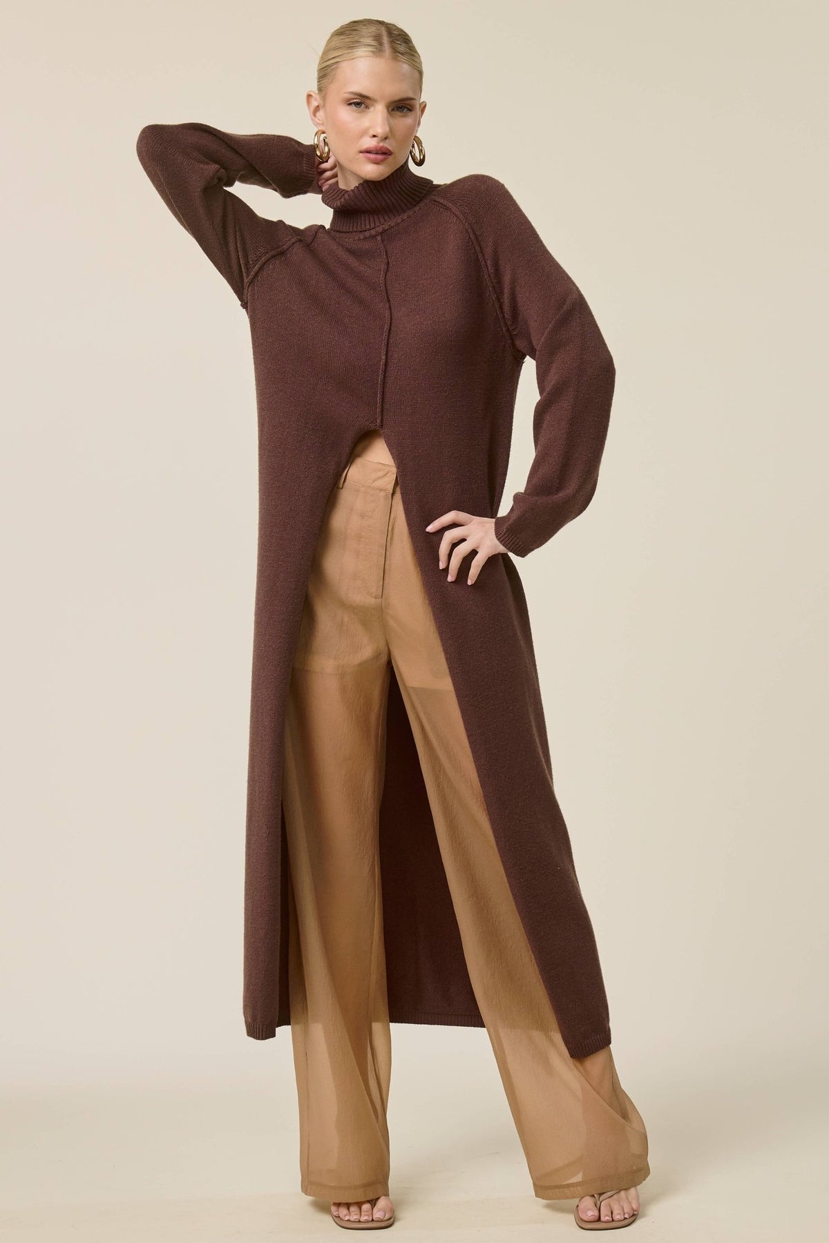 Ribbed Turtleneck Tunic Sweater Dress with Slit