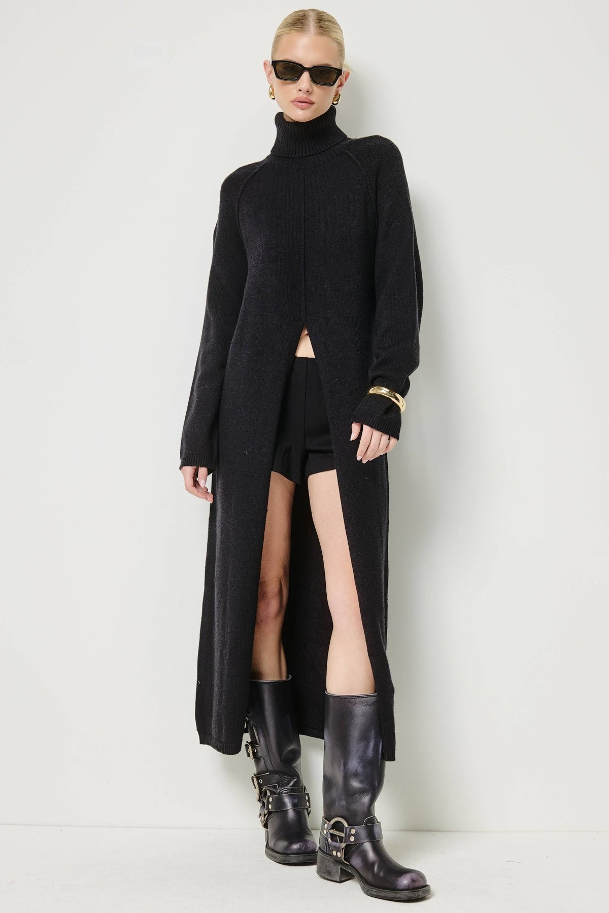 Ribbed Turtleneck Tunic Sweater Dress with Slit