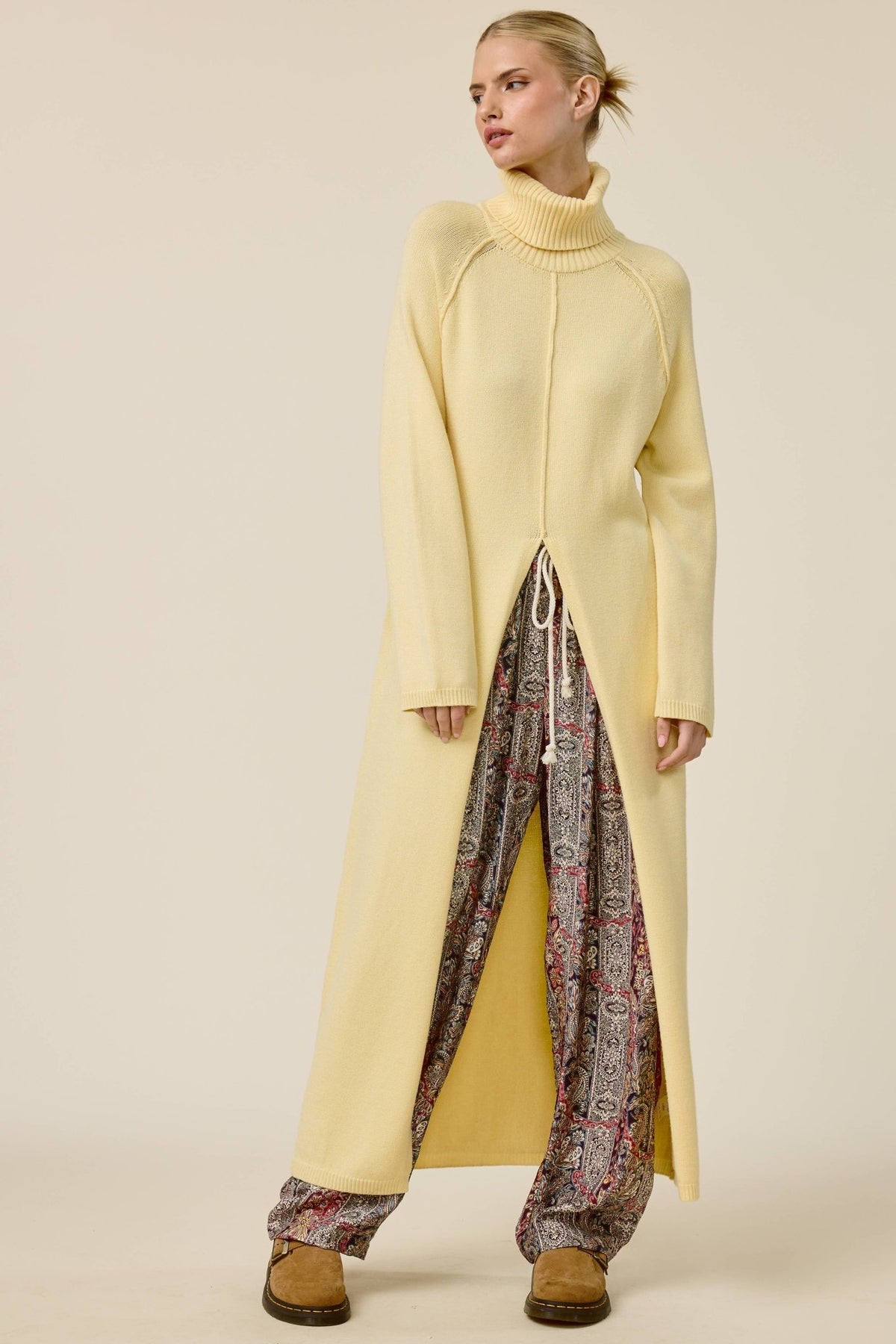Ribbed Turtleneck Tunic Sweater Dress with Slit