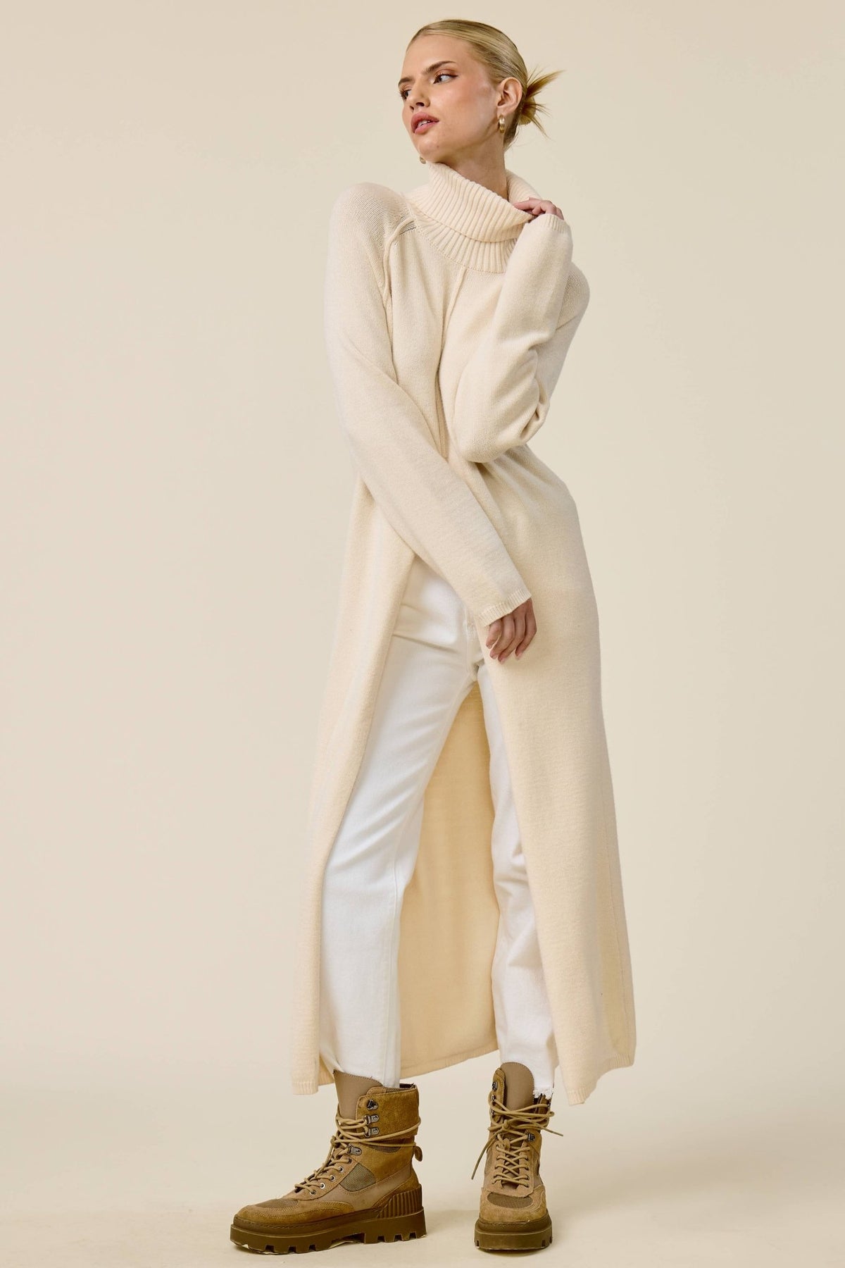 Ribbed Turtleneck Tunic Sweater Dress with Slit
