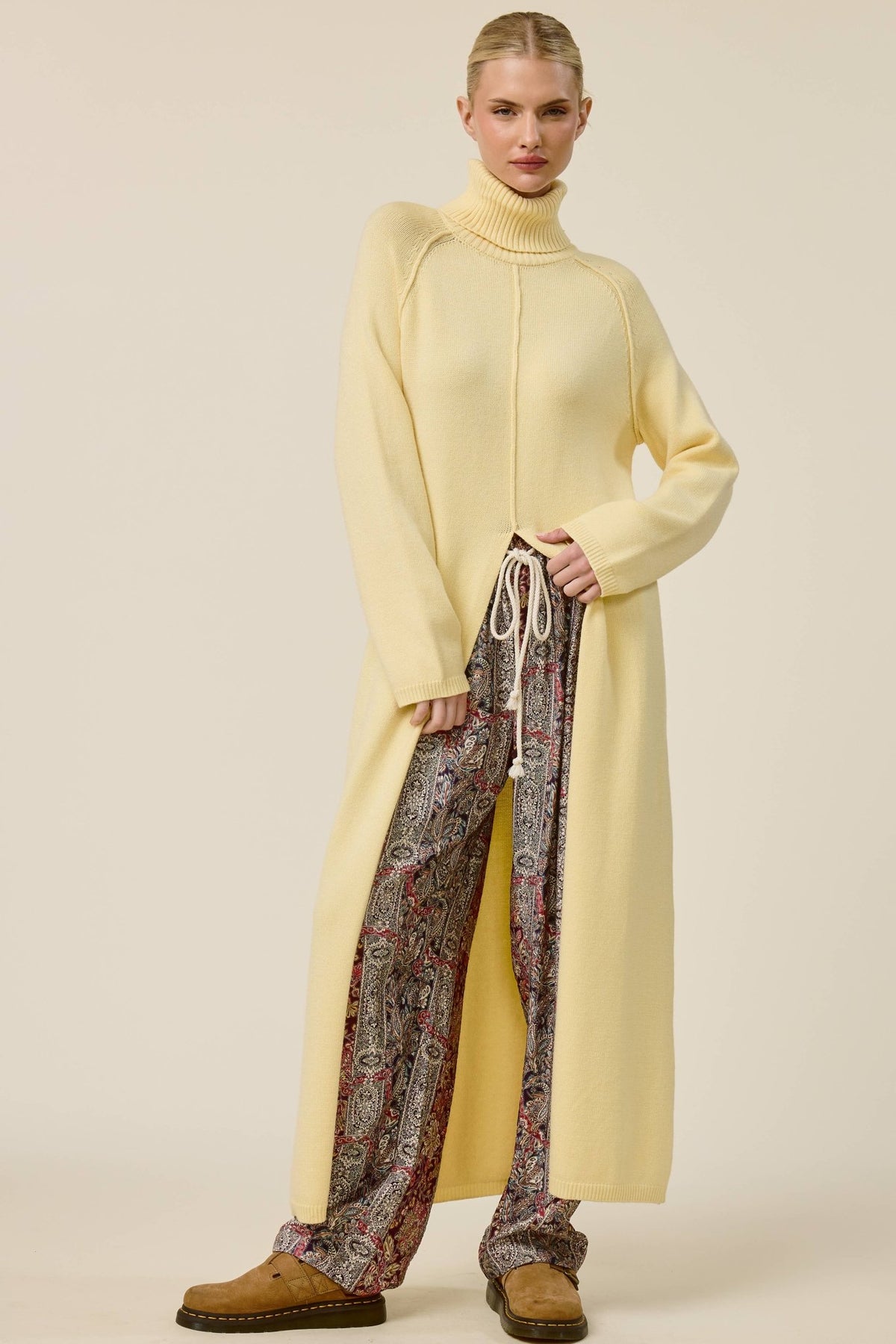 Ribbed Turtleneck Tunic Sweater Dress with Slit