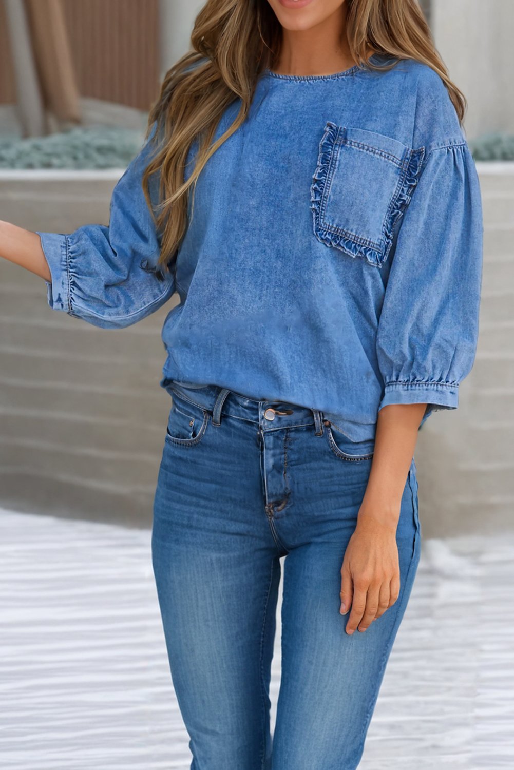 LDC Frill Trim Puff Sleeve Pocket Denim Top