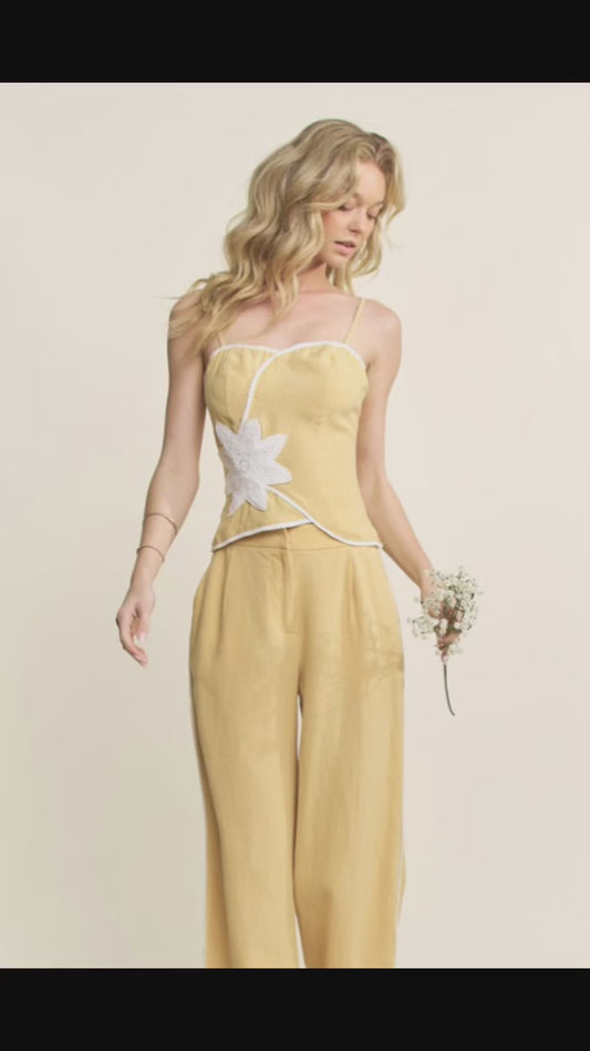 Linen Blend Lace Detail Tank Top & Lace Pants Set